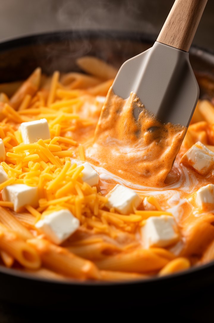 Close-up 45-degree angle shot of cubed cream cheese and shredded orange cheddar cheese melting into hot penne pasta in a skillet, a silicone spatula mid-stir showing the creamy orange sauce forming as