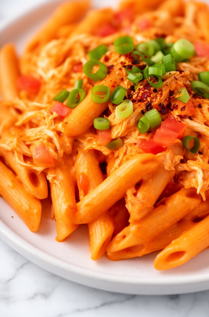 Extreme close-up macro shot of a generous serving of buffalo chicken pasta on a white ceramic plate, penne tubes coated in thick creamy orange buffalo sauce with visible pieces of shredded chicken and