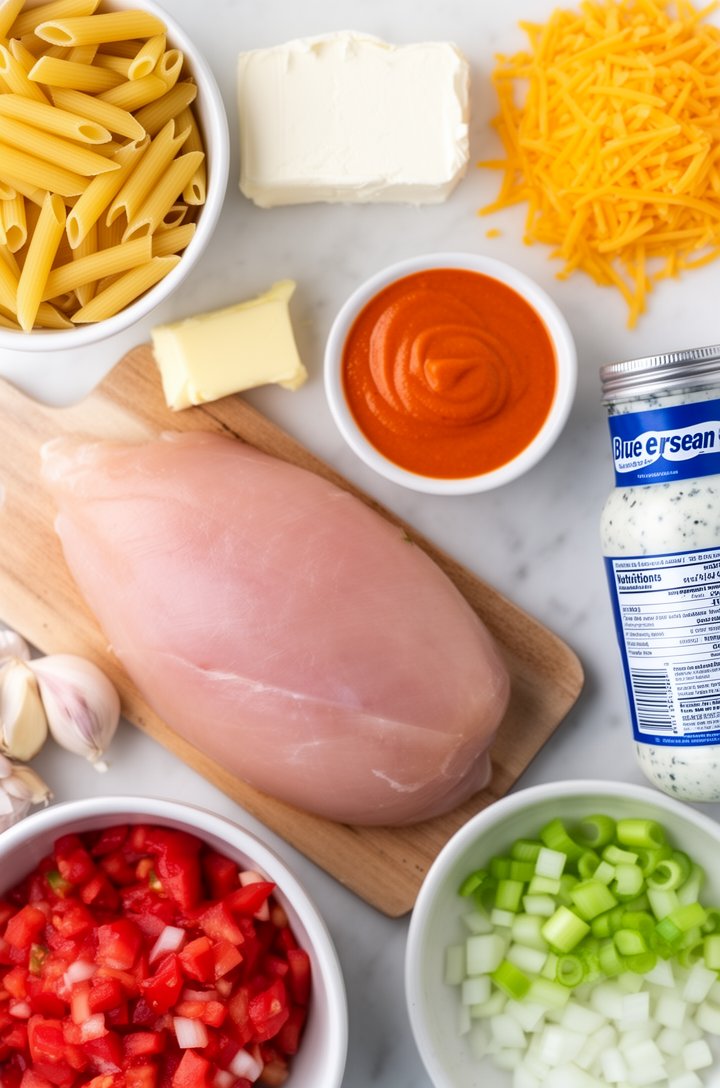 Overhead flat-lay of all buffalo chicken pasta ingredients neatly arranged on white marble: bowl of dry penne, block of cream cheese, pile of shredded cheddar, small bowl of orange buffalo sauce, raw chicken breast on wooden cutting board, can of diced tomatoes, prep bowls with diced onion and celery, garlic cloves, butter, bottle of blue cheese dressing, bright even natural lighting from above