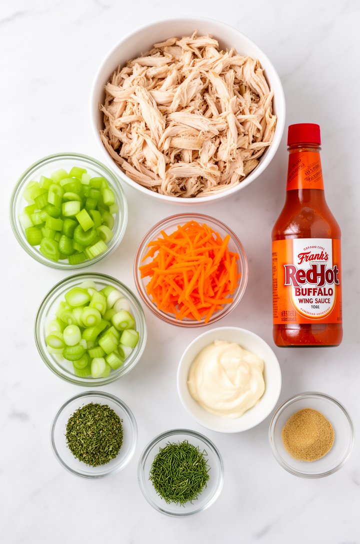 Overhead flat-lay of all buffalo chicken salad ingredients arranged on a bright white marble surface — a bowl of shredded chicken breast, small glass bowls of diced celery, shredded orange carrots, sl