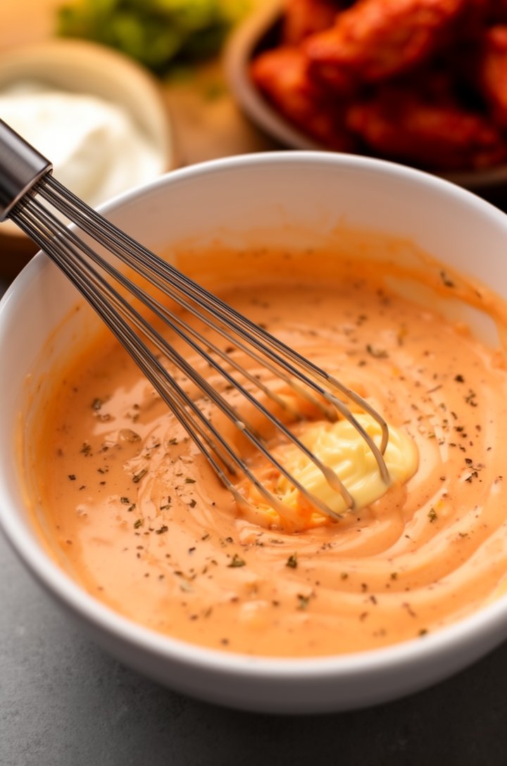 Close-up of a small white mixing bowl with the buffalo dressing being whisked together — creamy orange-tinted mixture of Greek yogurt, light mayo, and buffalo wing sauce, a silver whisk resting in the