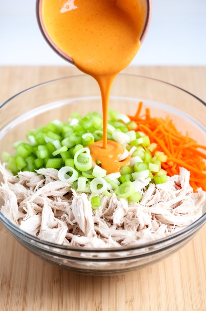 Action shot of the creamy orange buffalo dressing being poured from a small bowl into a large mixing bowl filled with shredded white chicken, diced celery, shredded carrots, and sliced scallions, capt