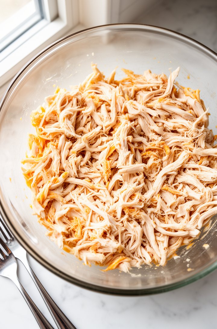 Overhead shot of four cups of shredded chicken breast in a large glass mixing bowl, the chicken pulled into long tender strands, pale white color with slight golden edges, the bowl sitting on a clean white marble countertop, bright diffused natural lighting from a window to the left, a pair of forks resting beside the bowl used for shredding
