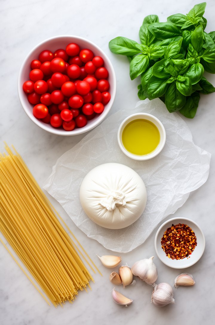 Overhead flat-lay of burrata pasta ingredients arranged on a light marble surface: a bowl of bright red cherry tomatoes, a ball of fresh white burrata cheese on parchment paper, a small bowl of olive 