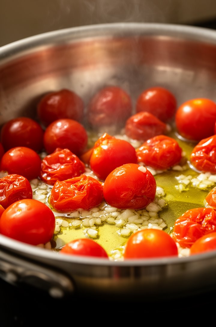 Close-up side-angle shot of cherry tomatoes bursting in a large stainless steel skillet, some tomatoes still whole and round while others have collapsed and released their juices into golden garlic-in