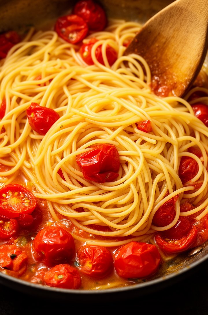 Extreme close-up overhead shot of al dente spaghetti being tossed in a skillet with burst cherry tomatoes, the pasta glistening with tomato-garlic oil, collapsed tomato halves and jammy juices coating
