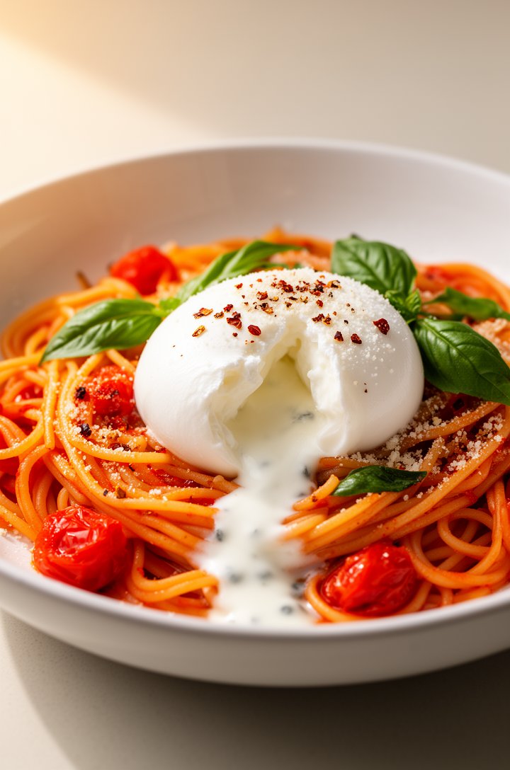 45-degree angle close-up of finished burrata pasta in a white ceramic bowl, spaghetti coated in burst cherry tomato sauce with a torn ball of burrata cheese in the center, creamy white stracciatella i