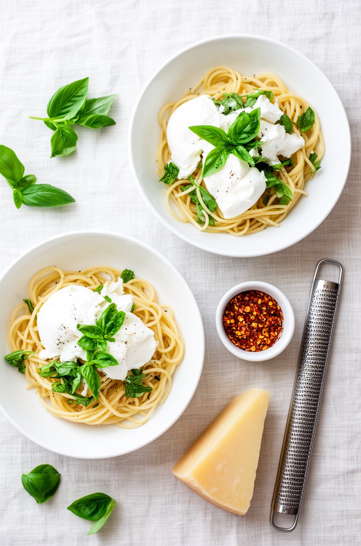 Overhead shot of two white bowls of burrata pasta on a light linen tablecloth, each topped with torn burrata and fresh basil, a small bowl of red pepper flakes and a wedge of parmesan with a microplan