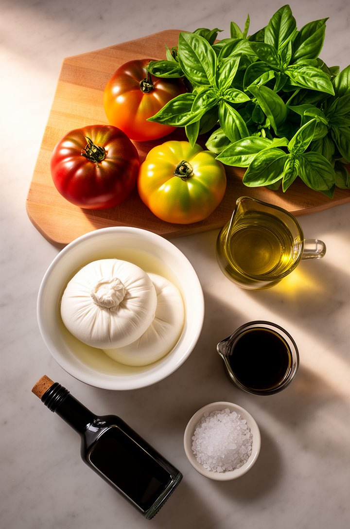 Overhead flat-lay of burrata salad ingredients arranged on a light marble surface — two whole burrata balls in their liquid in a small white bowl, four multicolored heirloom tomatoes (deep red, orange