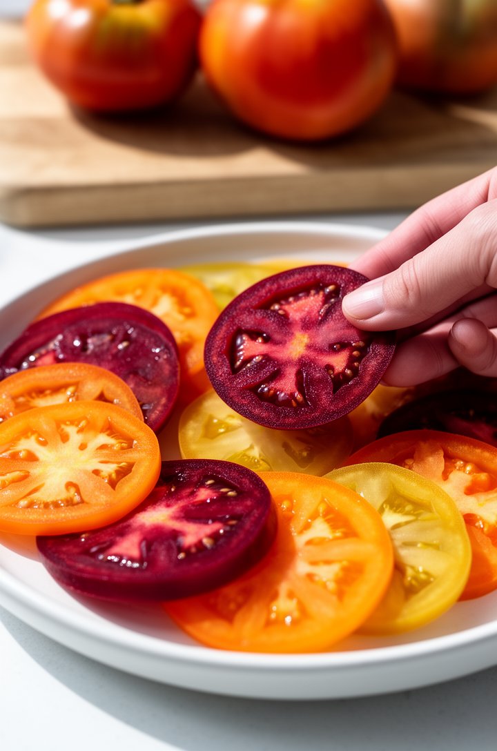 Close-up side-angle shot of thick-sliced multicolored heirloom tomatoes being arranged on a white ceramic serving platter, showing the juicy seed chambers and varied colors of deep crimson, bright ora