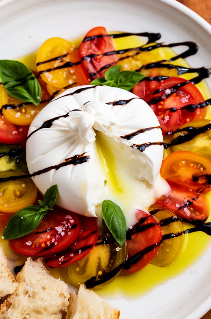 Extreme close-up overhead shot of the finished burrata salad on a white ceramic platter — burrata split open with creamy center pooling over colorful sliced heirloom tomatoes, golden-green olive oil g