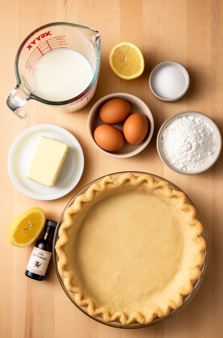 Overhead flat-lay of all buttermilk pie ingredients arranged on a light wooden surface — a glass measuring cup of buttermilk, three brown eggs in a small bowl, a stick of butter on a white saucer, a m