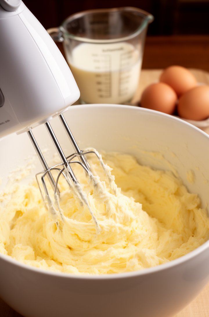 Close-up 45-degree angle of an electric hand mixer beating softened butter and sugar together in a large white mixing bowl, the mixture light and fluffy with a pale yellow color, creamy texture visibl