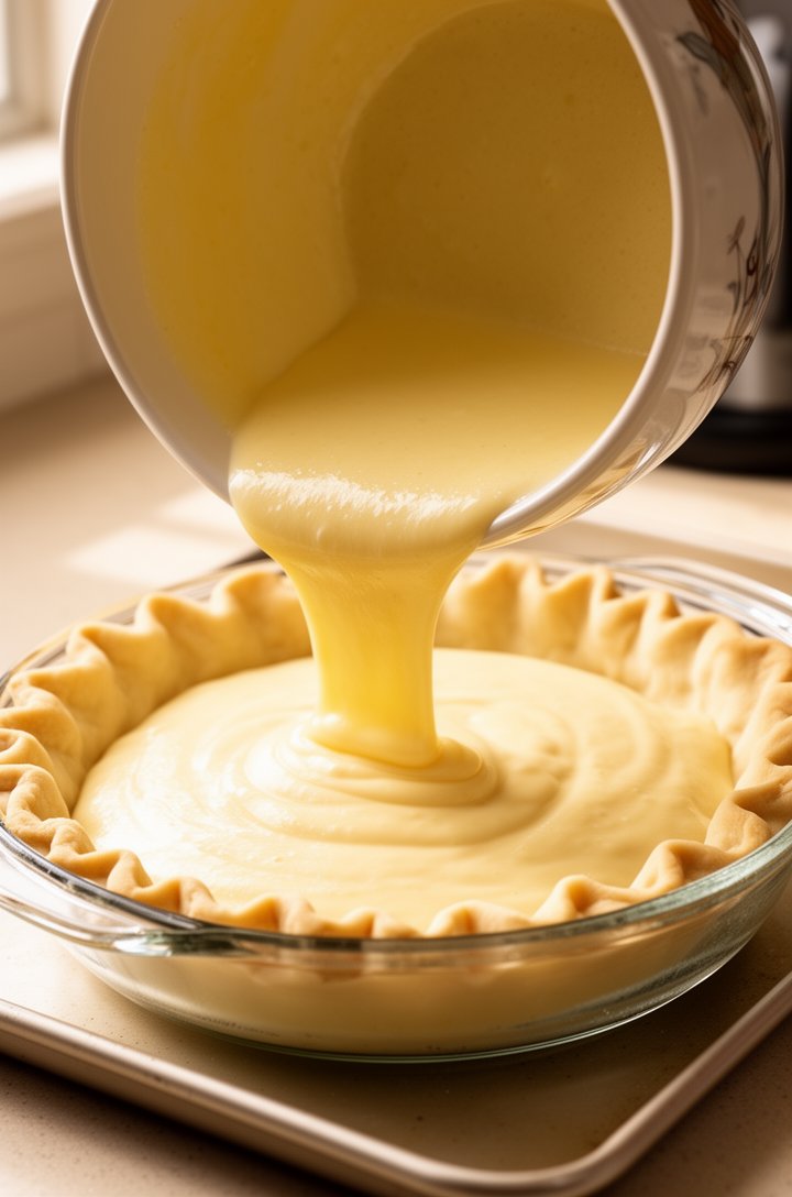 Side-angle shot of the pale yellow buttermilk pie filling being poured from a large mixing bowl into an unbaked pie crust set inside a glass deep-dish pie plate, the filling smooth and creamy with a s