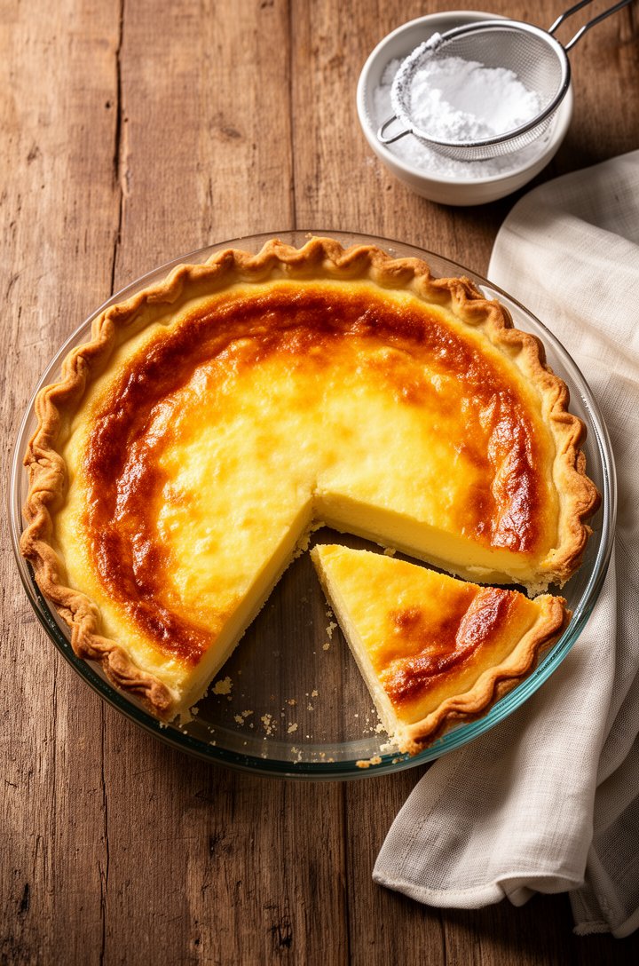 Overhead shot of the whole buttermilk pie in a glass pie dish with one generous slice cut and slightly pulled away, showing the clean custard cross-section. The top is deep golden-brown with natural c