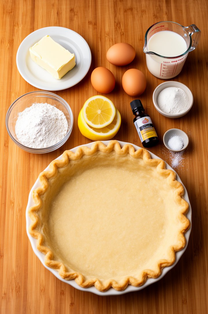 Overhead flat-lay of nine buttermilk pie ingredients neatly arranged on a warm wooden cutting board — softened butter on a small white plate, sugar in a glass bowl, three eggs, a measuring cup of buttermilk, flour in a tiny bowl, a halved lemon, vanilla extract bottle, salt pinch, and an empty unbaked pie crust in a deep dish. Bright natural lighting from above, clean composition, each ingredient clearly visible and labeled-ready, warm kitchen tones, professional food blog photography