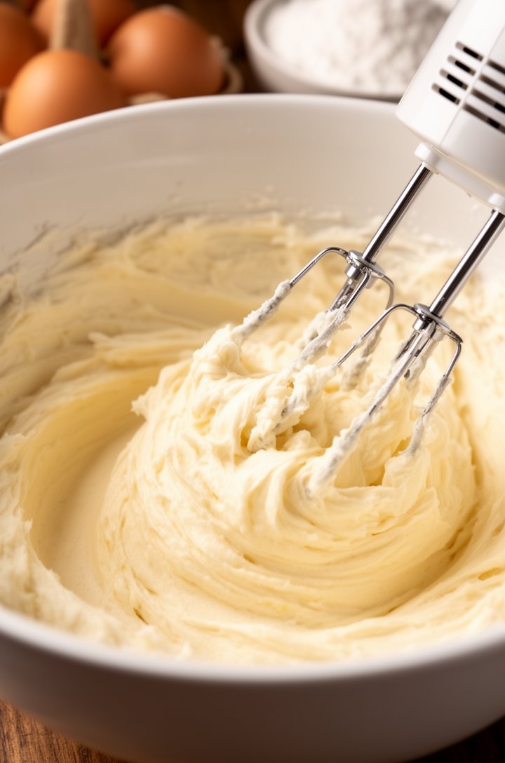 Close-up 45-degree shot of creamed butter and sugar mixture in a large white bowl, pale and fluffy after beating for 2-3 minutes, electric mixer beaters resting in the bowl with creamy batter clinging to them, sugar crystals no longer visible, smooth and light texture, warm kitchen lighting from the left, blurred background with eggs and flour visible