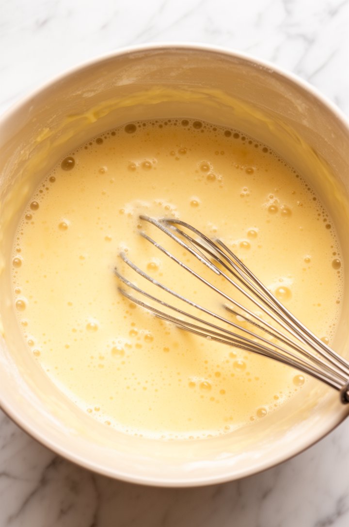 Overhead close-up of the completed buttermilk pie filling in a mixing bowl, showing the slightly curdled but smooth pale yellow liquid mixture, a whisk resting across the bowl, small bubbles on the surface, the texture appears thin and pourable, warm tones, clean white marble countertop background, bright natural lighting
