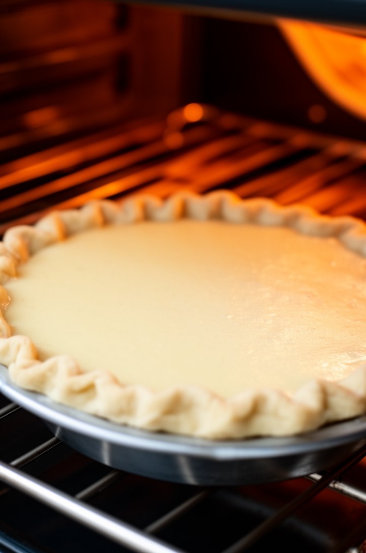 Side-angle medium shot of the unbaked buttermilk pie on a metal baking sheet about to enter the oven, the pale custard filling sitting level in the crimped pie crust, filling reaching nearly to the top of the crust edges, oven rack visible in the background with warm orange oven light glowing, anticipatory composition