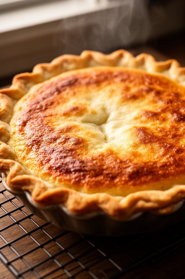 45-degree close-up of the finished buttermilk pie fresh from the oven, the top a gorgeous deep golden-brown with natural mottled caramelization, slightly puffed in the center, crust edges perfectly golden, sitting on a wire cooling rack on a wooden surface, steam barely visible rising from the surface, warm afternoon window light, professional food photography