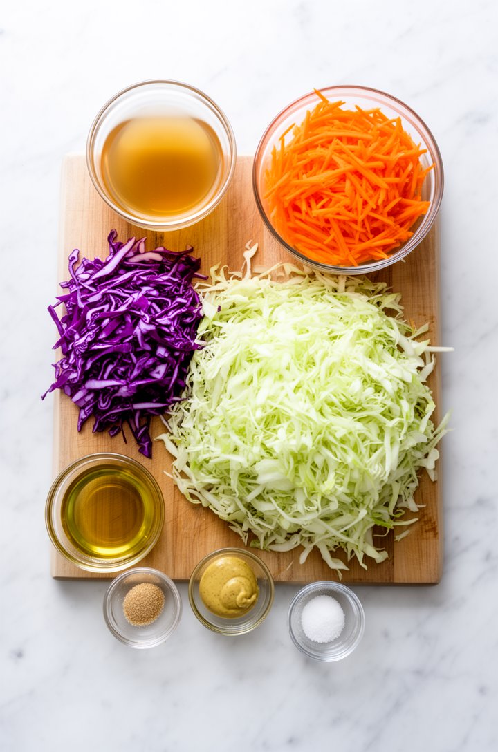 Overhead flat-lay of cabbage salad ingredients arranged on a white marble surface — a mound of finely shredded pale green cabbage on a wooden cutting board, a small pile of vibrant purple red cabbage 