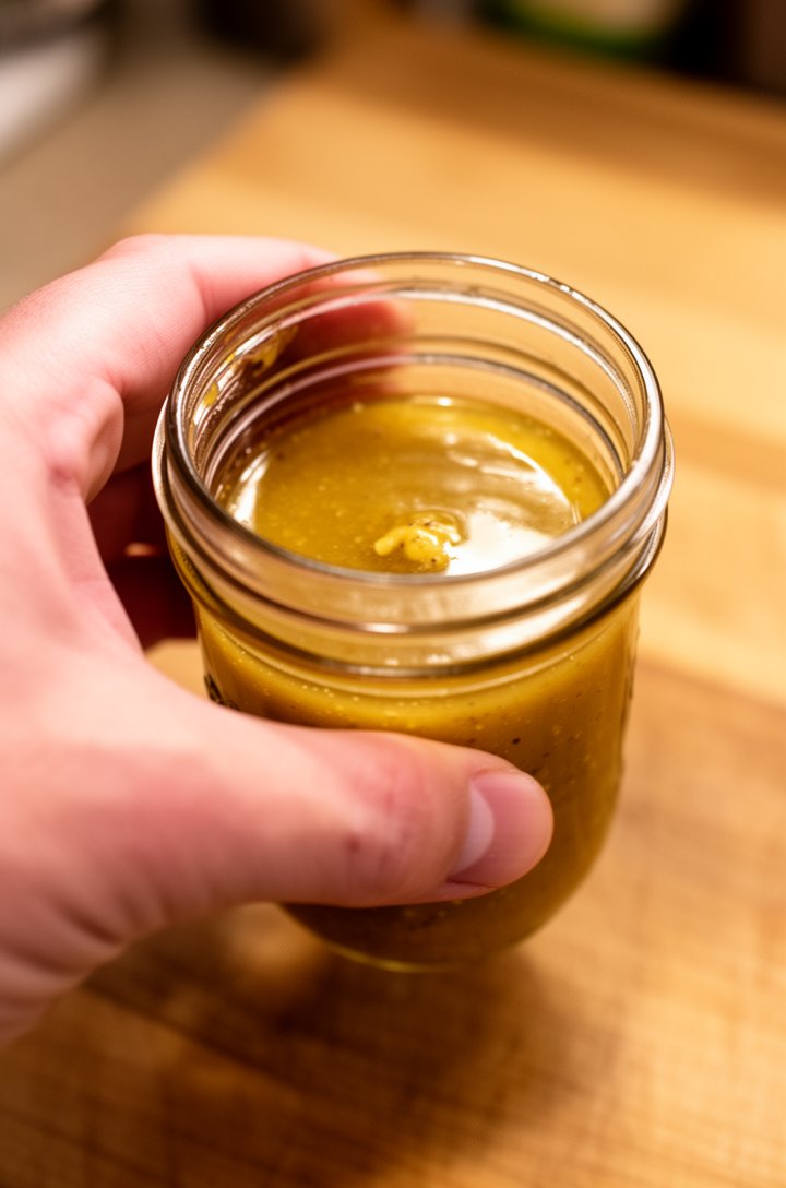 Close-up action shot of a hand shaking a small glass mason jar containing golden-amber vinaigrette dressing, the liquid slightly blurred from motion, Dijon mustard visibly emulsified into the oil and 