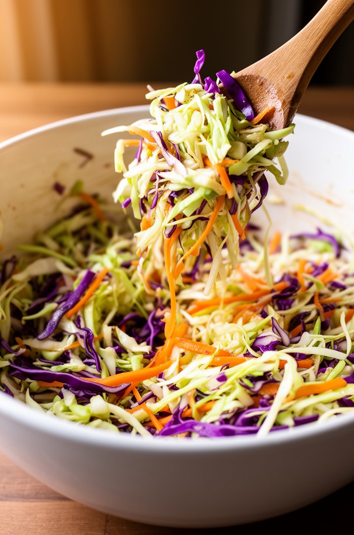 45-degree angle shot of shredded green cabbage, purple red cabbage, and bright orange carrot being tossed together in a large white ceramic bowl, a wooden spoon mid-toss lifting strands of cabbage sho