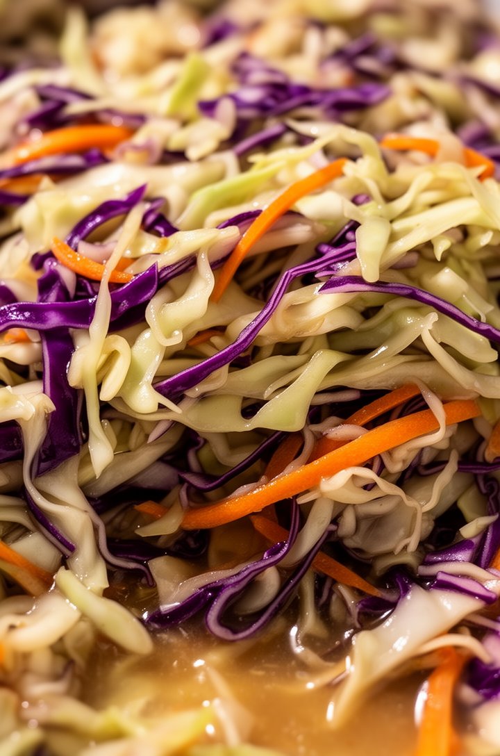 Extreme close-up macro shot of the finished cabbage salad after resting, tightly packed glistening strands of wilted pale green and deep purple cabbage intertwined with orange carrot ribbons, dressing