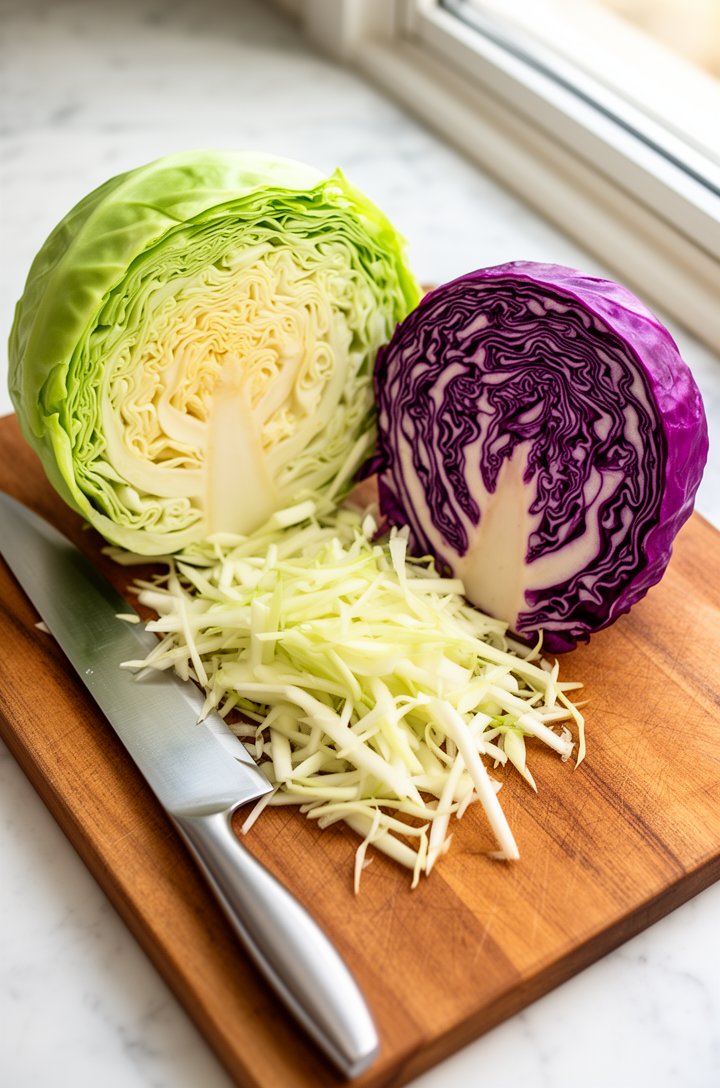 Overhead flat-lay of a halved green cabbage and a quarter of red cabbage on a wooden cutting board, a sharp chef's knife beside them, some shreds already cut showing the thin julienne texture, bright natural lighting from a window to the right, clean white marble countertop surface