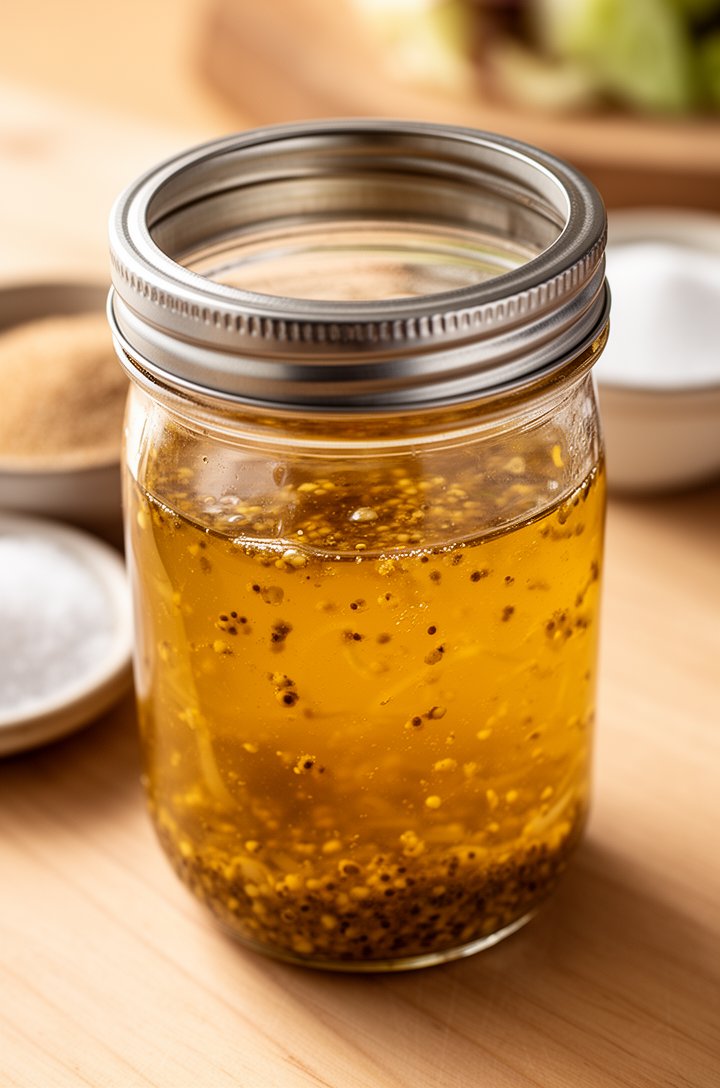 Close-up of a glass jar with a metal lid containing the vinaigrette dressing — golden-amber liquid with visible Dijon mustard specks swirled through, the jar sitting on a light wooden surface with small prep bowls of sugar and salt slightly blurred in the background, warm side lighting
