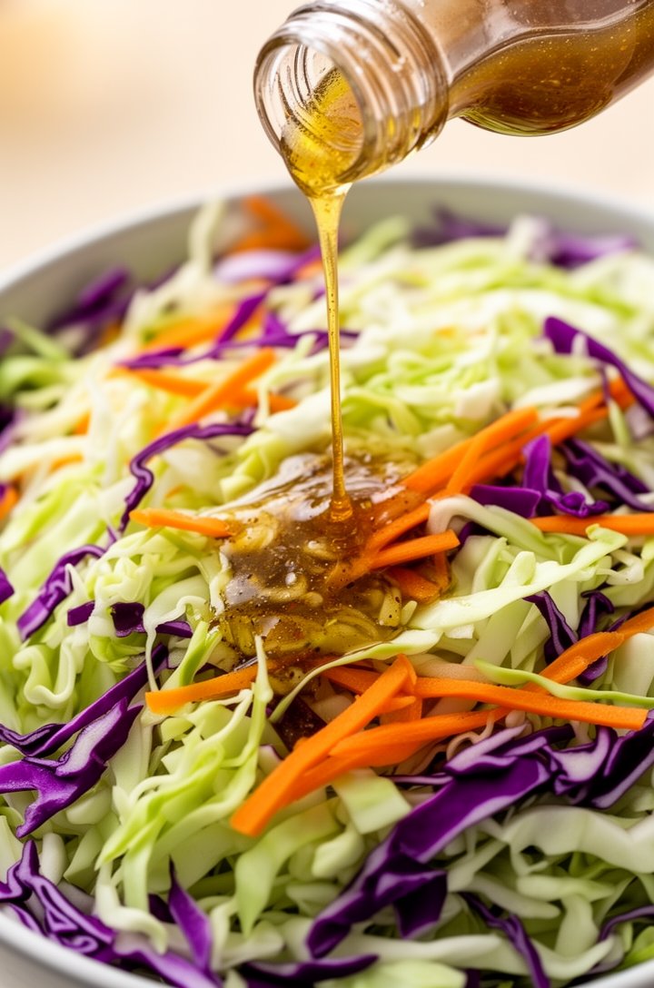 Action shot from above of dressing being poured from the jar over a large bowl of freshly shredded green and purple cabbage with orange carrot shreds, the golden vinaigrette streaming in a thin line and pooling over the colorful vegetables, bright natural overhead lighting