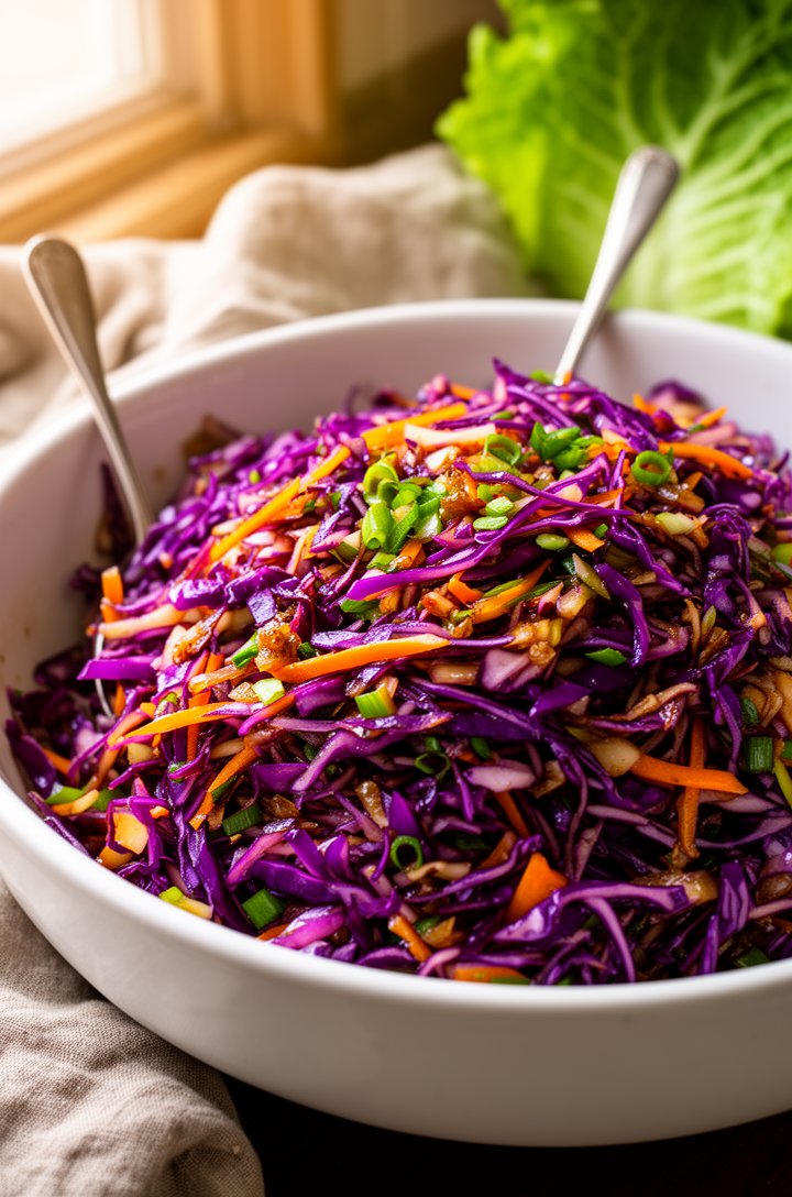 Side-angle shot of the finished cabbage salad mounded in a large white serving bowl, a silver serving spoon resting against the edge, the salad glistening with dressing, vibrant purple and green and orange colors visible throughout, a linen napkin and fresh cabbage leaf as props in soft focus background, warm natural window lighting from the left