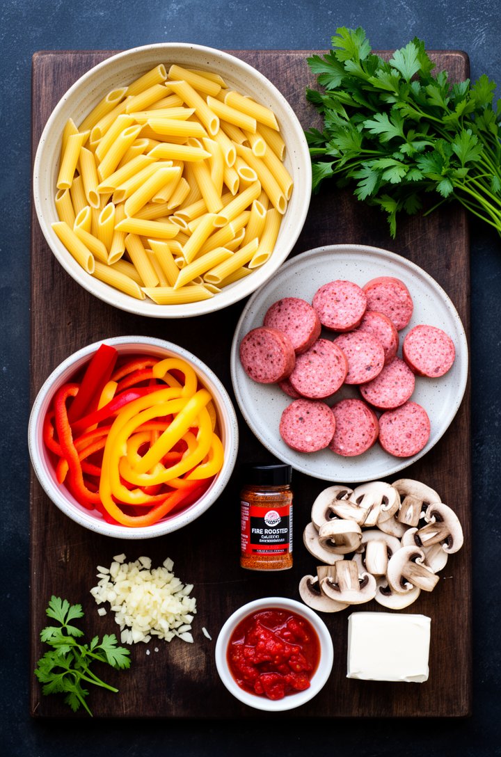 Overhead flat-lay of all cajun sausage pasta ingredients arranged on a dark wooden cutting board and surrounding dark surface: a bowl of raw penne pasta, sliced andouille sausage medallions showing th