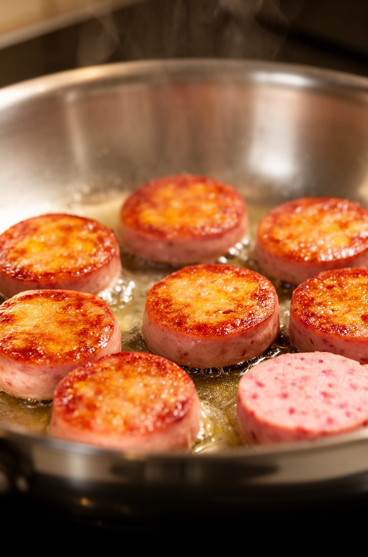 Close-up 45-degree angle shot of andouille sausage medallions searing in a large stainless steel skillet, golden-brown caramelized crust visible on the top surfaces, rendered fat glistening around the