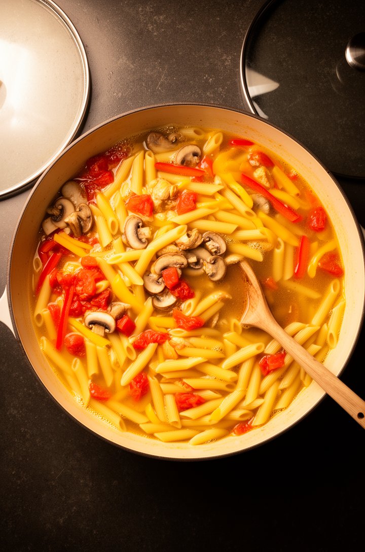 Overhead shot of a large deep skillet filled with penne pasta simmering in golden chicken broth with visible diced fire-roasted tomatoes, sliced mushrooms, and thin strips of red and yellow bell peppe