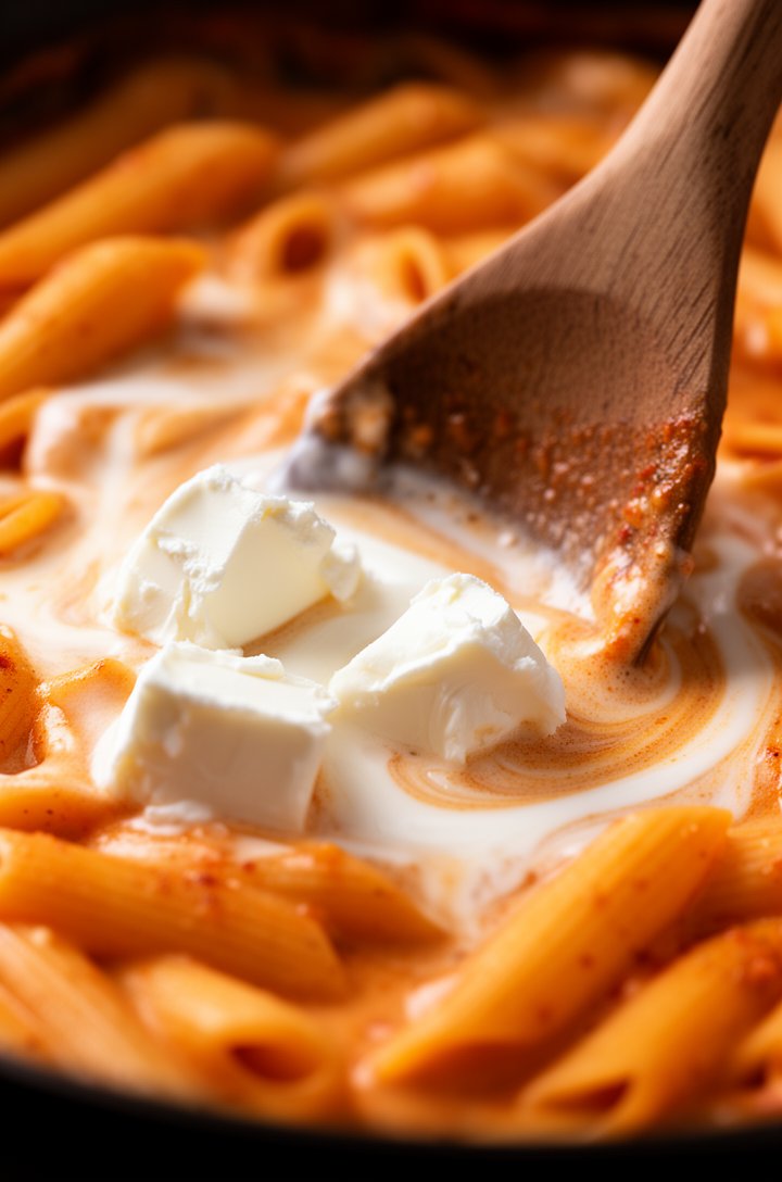 Extreme close-up macro shot of cream cheese chunks melting into the cajun pasta, creamy white cream cheese visibly dissolving and swirling into the orange-tinted cajun sauce surrounding the penne tube