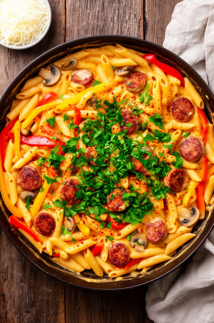 Overhead shot of the finished one pot creamy cajun sausage pasta in a large dark skillet on a rustic wooden surface, penne tubes coated in glossy creamy cajun sauce with seared andouille sausage medal