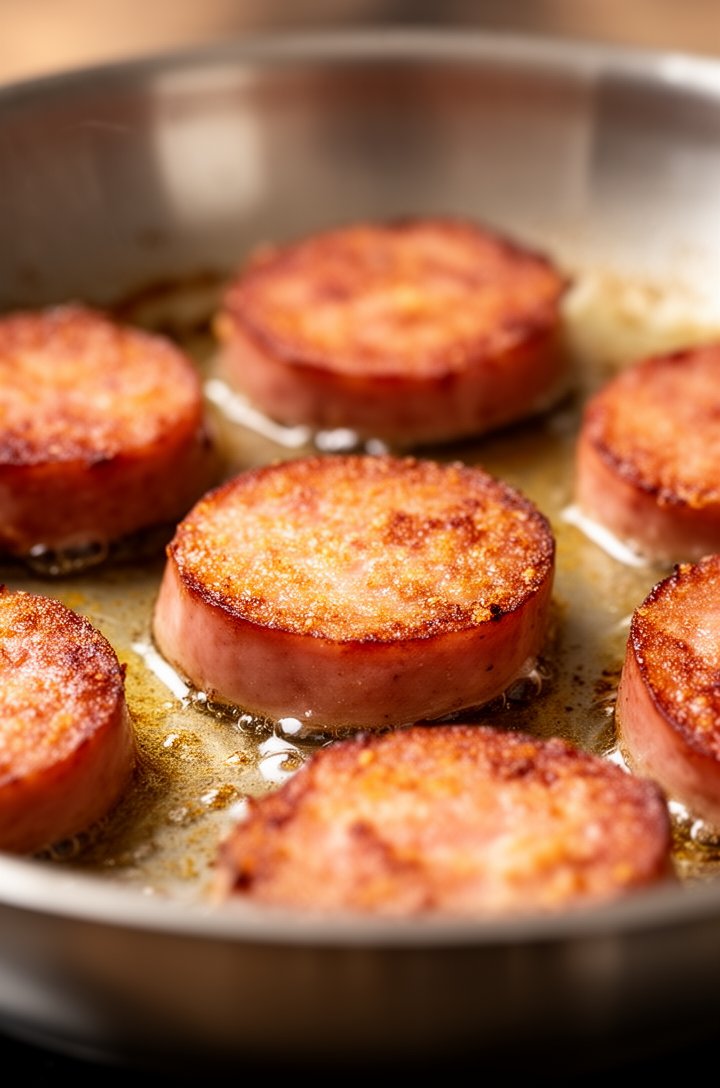 Close-up of andouille sausage medallions searing in a dry skillet, golden-brown crispy crust forming on the bottom side of each round, rendered fat pooling between pieces, warm amber tones, shot from a 30-degree angle with shallow depth of field, stainless steel skillet edge visible