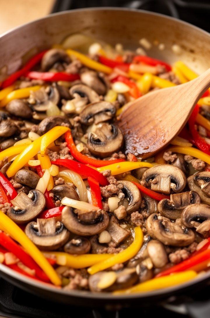 Overhead shot of thinly sliced baby bella mushrooms, red bell pepper strips, and yellow bell pepper strips sauteing in the same skillet with bits of rendered sausage fat, garlic pieces visible, mushrooms just starting to brown at the edges, wooden spoon stirring, warm kitchen lighting