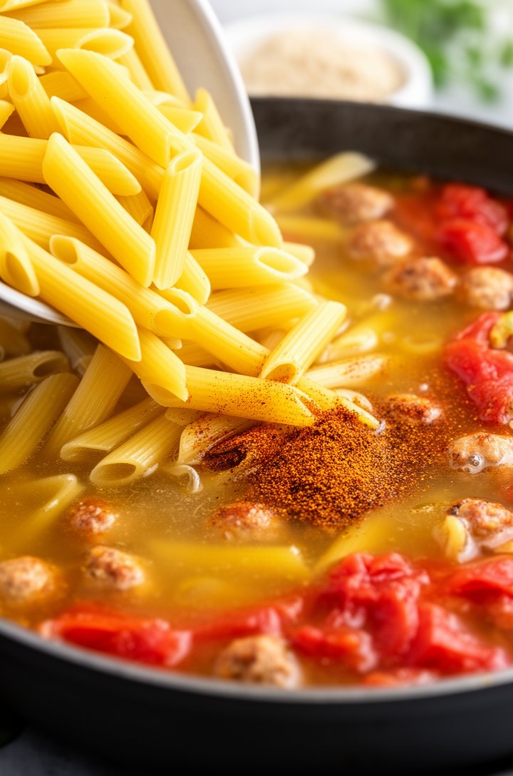 Side-angle close-up of raw penne pasta being added to the skillet with chicken broth, fire-roasted tomatoes, and cajun seasoning, broth still clear and golden, pasta partially submerged, cajun seasoning spice visible floating on the surface, bright natural lighting