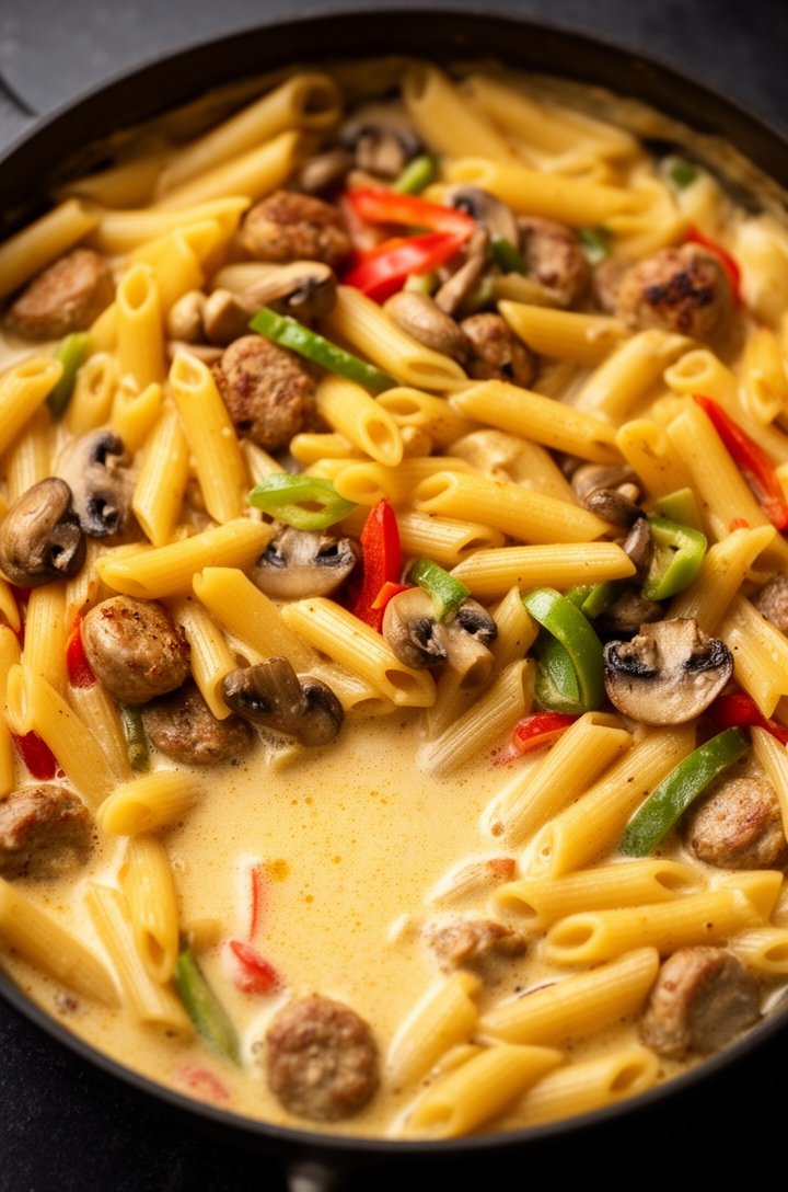 Overhead shot of penne pasta that has absorbed most of the broth, tubes swollen and tender, creamy starchy liquid remaining at the bottom, mushrooms and peppers visible throughout, the moment just before cream cheese is added, warm overhead lighting on a dark surface