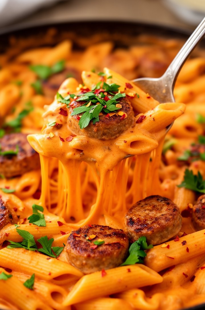 Close-up of the finished creamy cajun sausage pasta being served with a large spoon, thick creamy orange sauce coating each penne tube, seared sausage medallions nestled among the pasta, bright green parsley and red pepper flakes on top, sauce stretching slightly as the spoon lifts a portion, warm side lighting creating appetizing highlights