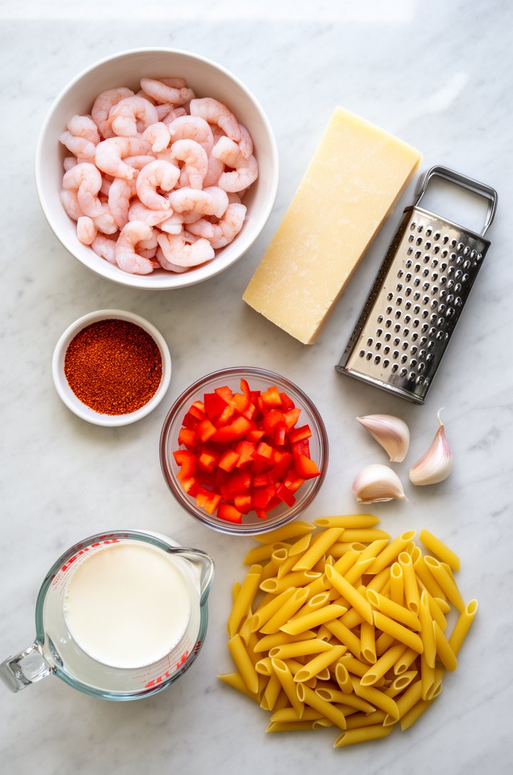 Overhead flat-lay of raw ingredients arranged on a light marble countertop — a bowl of pink raw shrimp, small dish of deep red-orange Cajun seasoning, block of Parmesan with a grater beside it, diced 