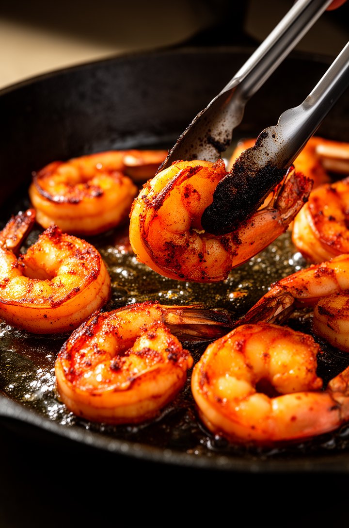 Close-up 45-degree angle shot of Cajun-seasoned shrimp searing in a dark cast iron skillet, golden-brown caramelized crust visible on the shrimp with deep orange-red seasoning coating, oil shimmering 