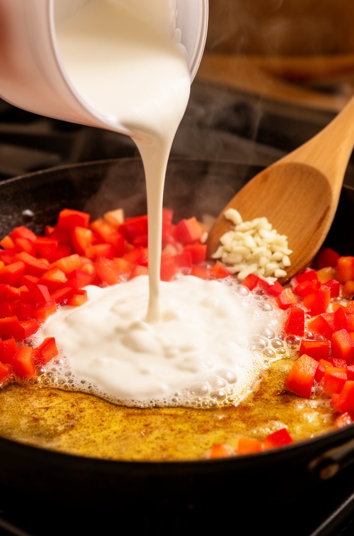 Side-angle close-up of heavy cream being poured into the hot skillet with diced red bell pepper and minced garlic, cream beginning to bubble at the edges as it hits the hot pan surface, golden-brown f