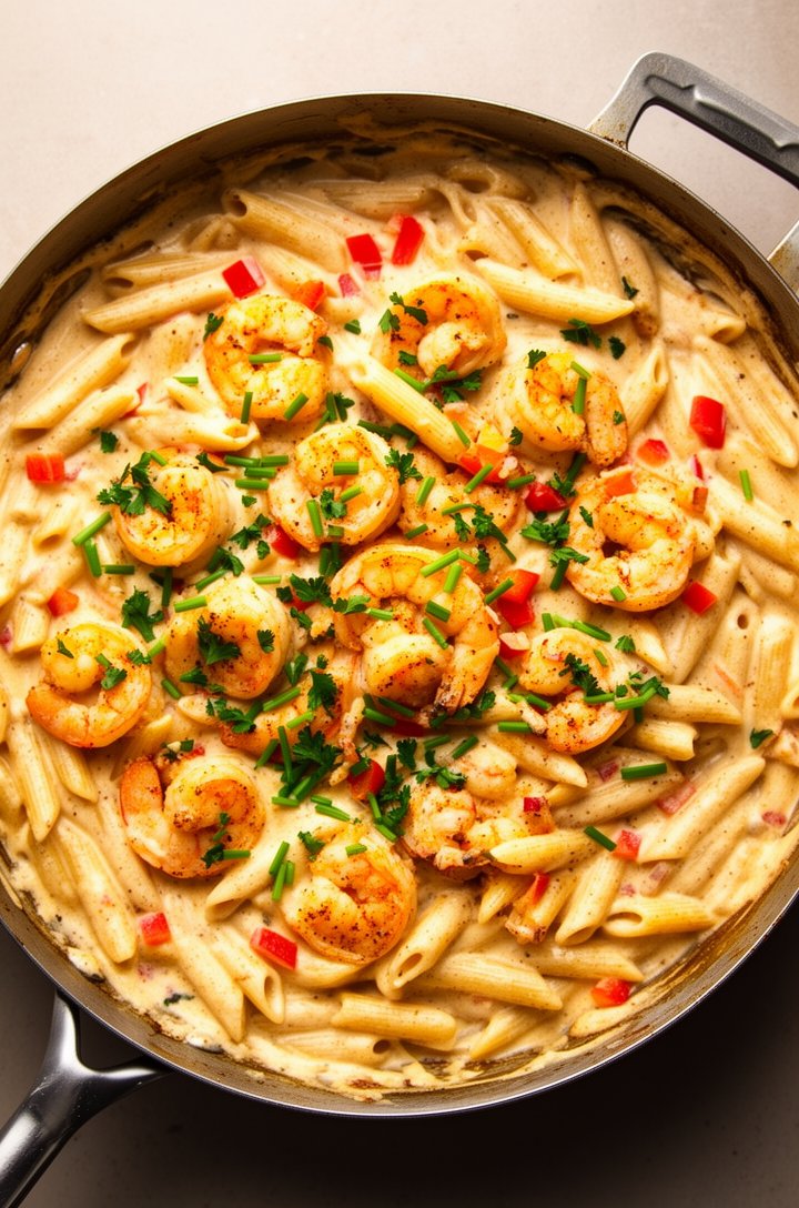 Overhead shot looking directly down into a large skillet filled with finished creamy cajun shrimp pasta — penne coated in thick creamy Parmesan sauce with visible Cajun spice flecks throughout, plump 