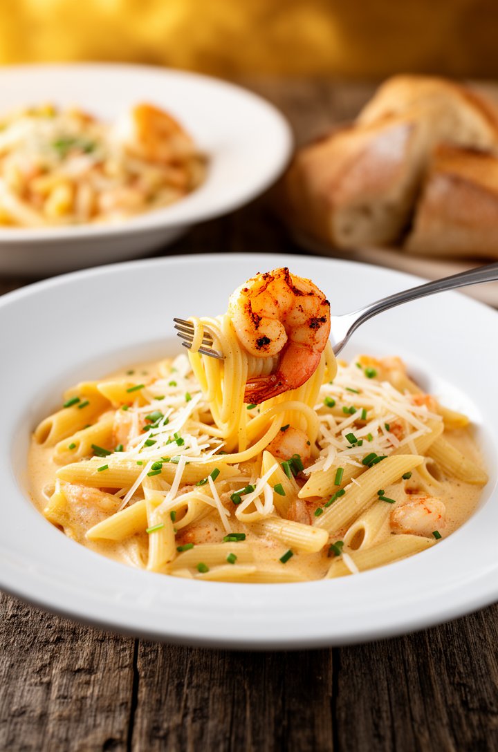 45-degree angle shot of a single serving of creamy cajun shrimp pasta in a wide white ceramic bowl, fork twirling penne with a piece of charred shrimp on top, creamy sauce pooling at the bottom of the