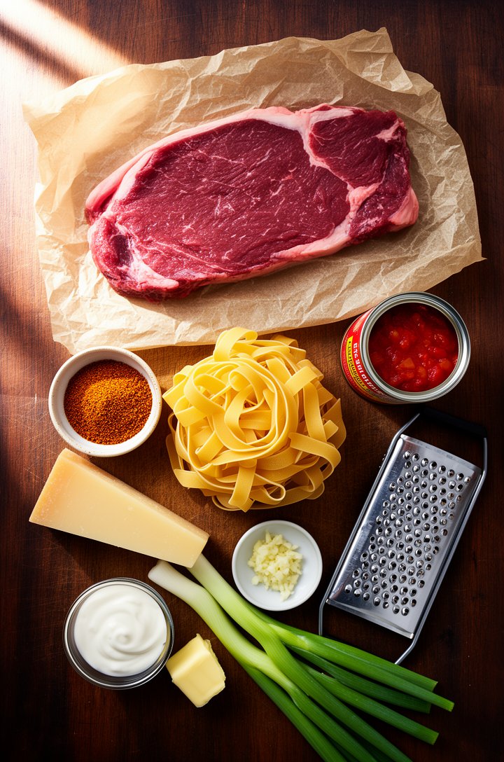 Overhead flat-lay of recipe ingredients arranged on a dark wooden cutting board — a thick raw sirloin steak on parchment paper, a small bowl of reddish-brown cajun seasoning, a nest of dried pappardel