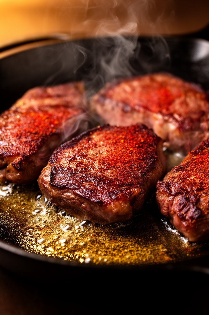 Extreme close-up of steak pieces searing in a hot cast iron skillet, deep brown Maillard crust forming on the surface, wisps of smoke rising, cajun seasoning visible as a reddish coating on the meat, 