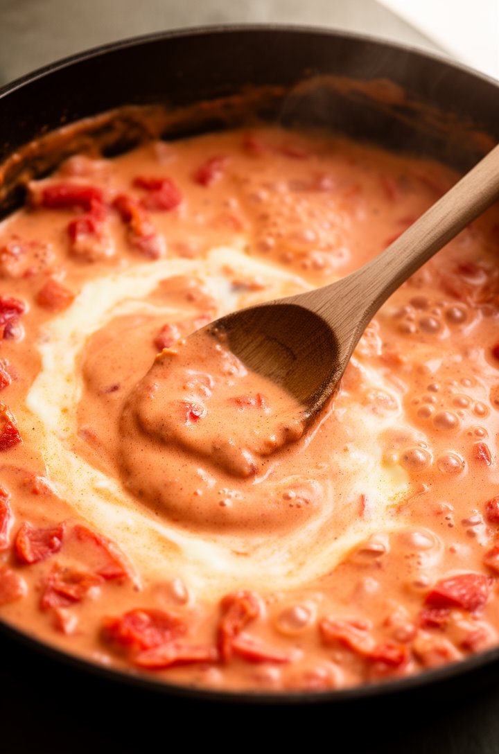 Close-up shot of creamy orange-pink cajun sauce simmering in a dark skillet, fire-roasted tomato pieces visible throughout, small bubbles breaking the surface, a wooden spoon dragging through the cent